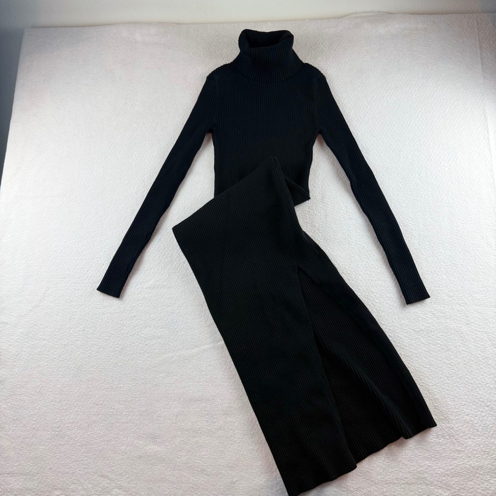 Open Edit Womens Black Ribbed Turtleneck Long Sleeve Side Slit Maxi Dress XS